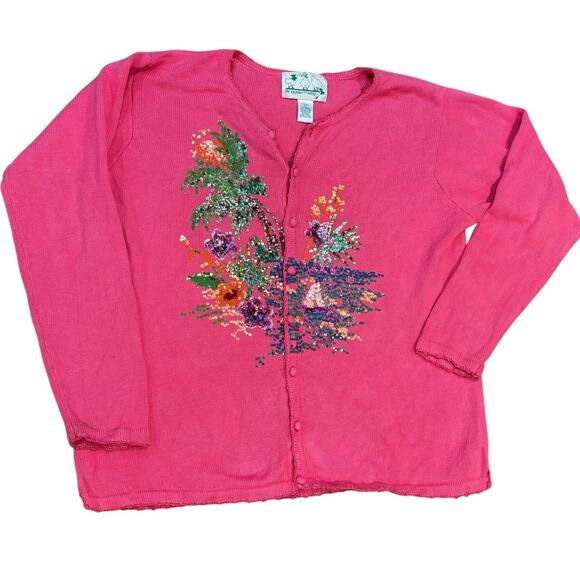 Quacker Factory Pink Ocean Sailboat Palm Tree Sequined Cardigan Sweater 1X* - Picture 2 of 7
